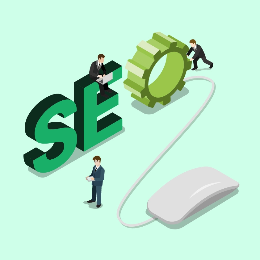 The word 'SEO' in large letters features a stylized design where the letter 'E' is sitting on top of the 'S' while the letter 'O' is being stretched. Additionally, the 'SEO' is creatively connected to a mouse, symbolizing digital marketing and online presence.