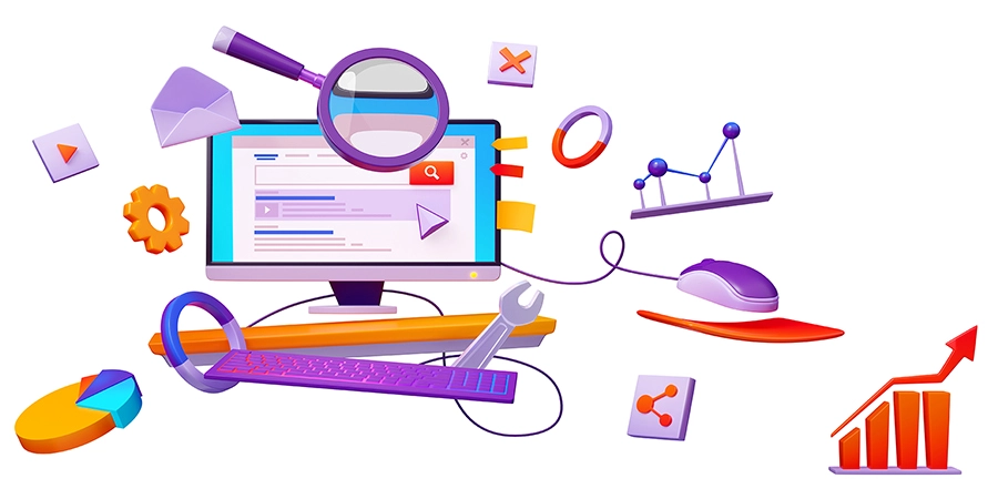 An illustration representing keyword research, featuring a magnifying glass over a list of keywords and phrases. The image conveys the process of discovering and analyzing keywords to enhance SEO strategies and improve online visibility.
